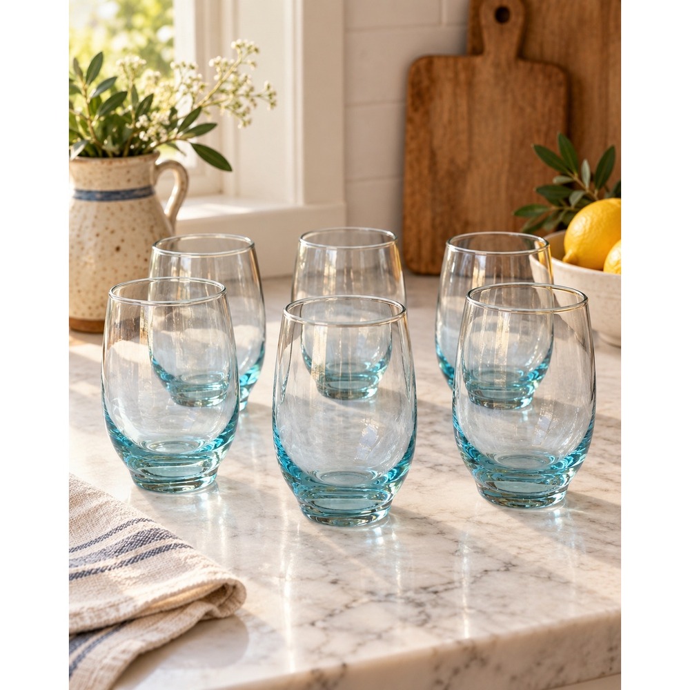 Vintage Aqua Blue Bottom Drinking Glasses Set of 6 Mid Century Tumblers Barware
